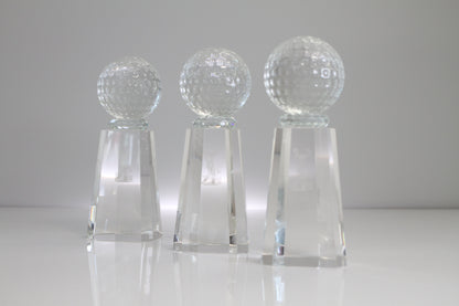 Synergy Golf Trophy - Clear Crystal Golf Ball Mounted on Clear Crystal Column - Available in 2 Sizes